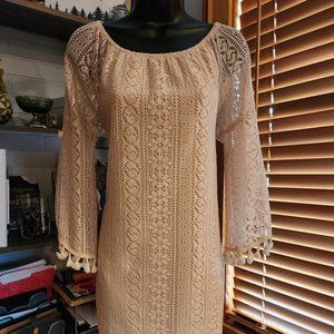 .Boho Lace & Tassel Split Bell Sleeve Dress